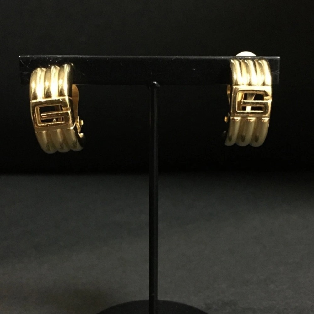Vintage Givenchy G Logo Metal Half Hoop Earrings in Golden Yellow